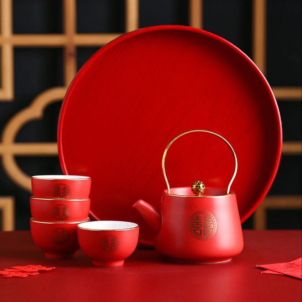 Brand New Chinese Wedding Tea Set, 6 cups, tray, teapot